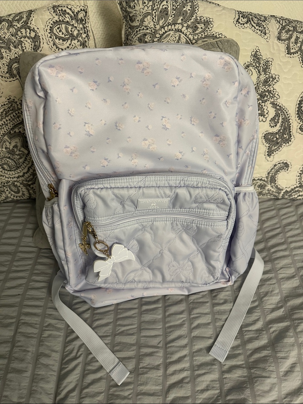 LoveShackFancy Lavender Quilted Floral Backpack with Bow Charm